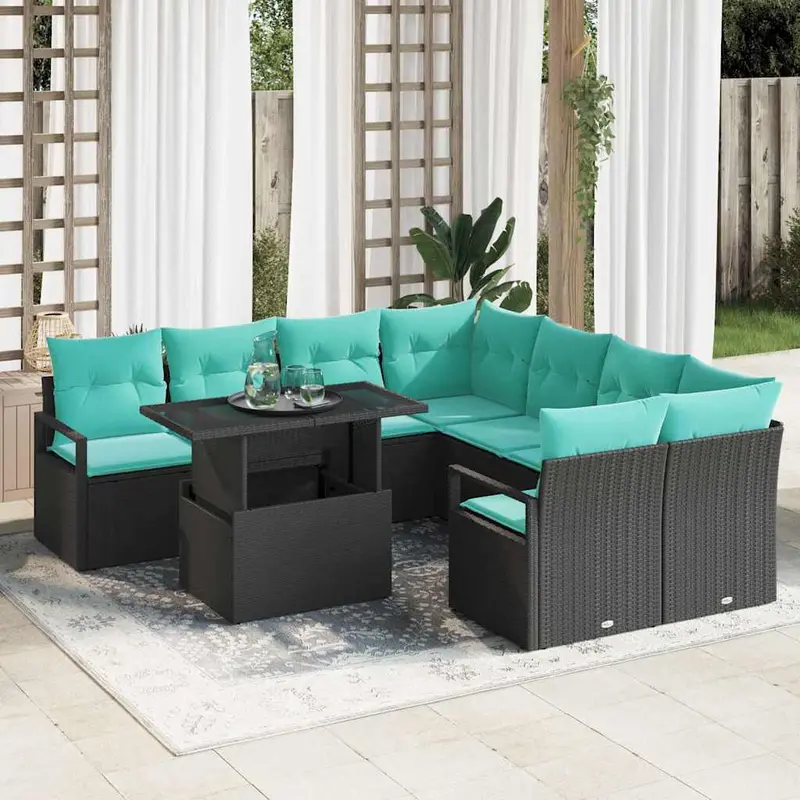 Conjunto de sofá de jardín 9 pcs Negro y azul ratán sintético