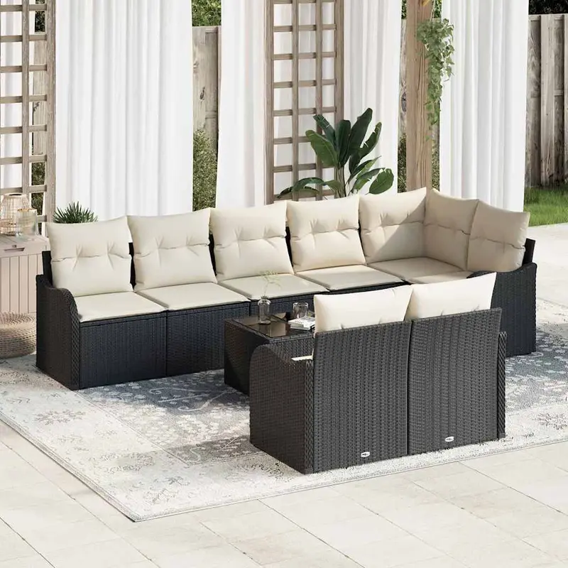 Conjunto de sofá de jardín 9 pcs Negro y blanco Poliratán