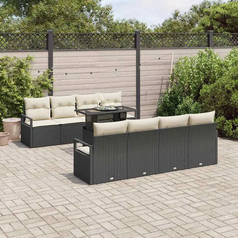 Conjunto de sofá de jardín 9 pcs Negro y crema ratán sintético