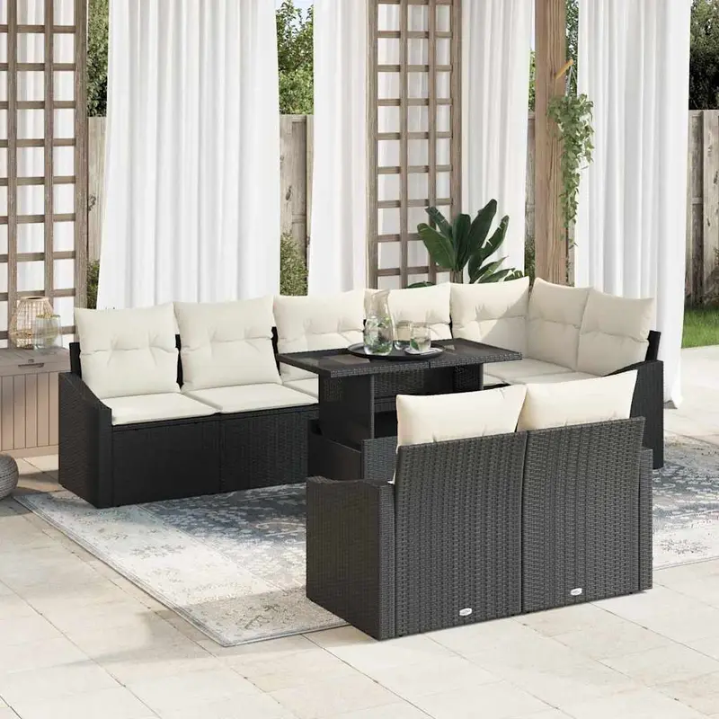 Conjunto de sofá de jardín 9 pcs Negro y crema ratán sintético
