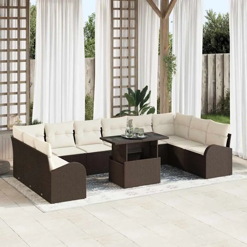 Conjunto de sofá de jardín con almohada 11 pcs Marrón y crema