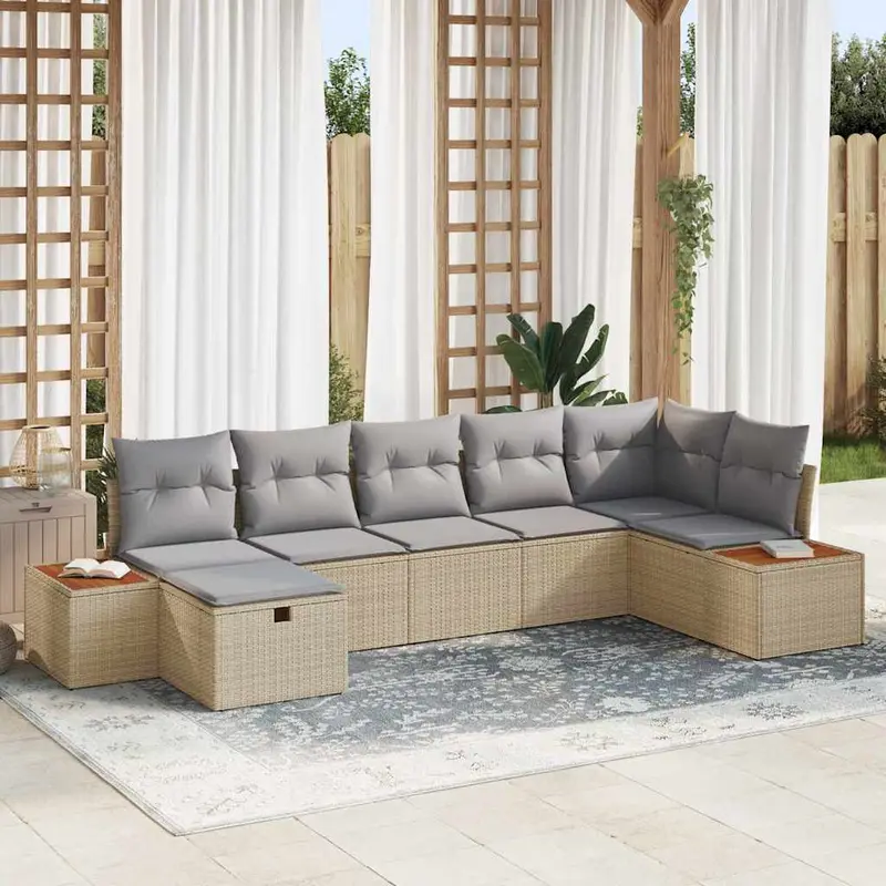 Conjunto de sofá de jardín con almohada 7 pcs Beige Poliratán