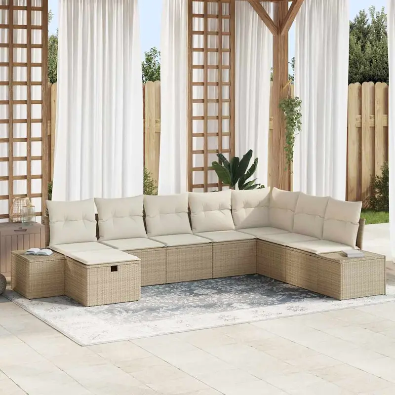 Conjunto de sofá de jardín con almohada 8 pcs Beige Poliratán
