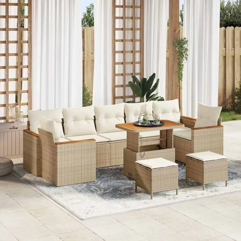 Conjunto de sofá de jardín con cojín 10 pcs Beige Poliratán
