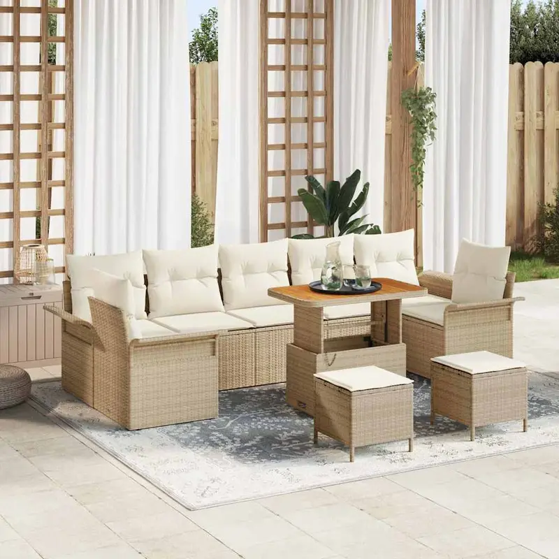 Conjunto de sofá de jardín con cojín 10 pcs Beige y Crema