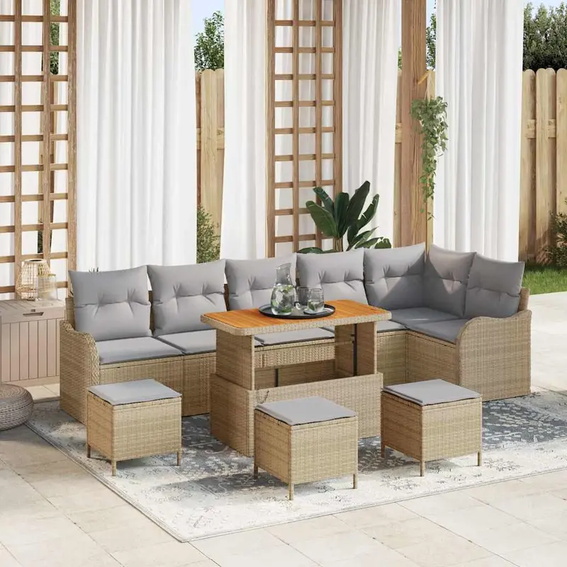 Conjunto de sofá de jardín con cojín 10 pcs Beige y Gris Claro