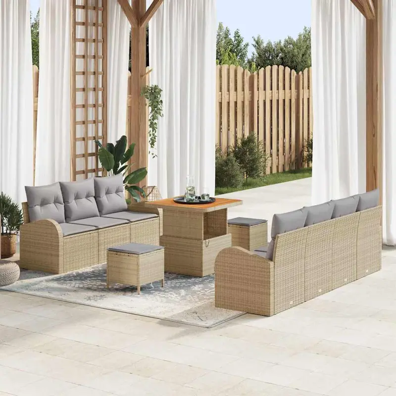 Conjunto de sofá de jardín con cojín 10 pcs Beige y Gris Claro