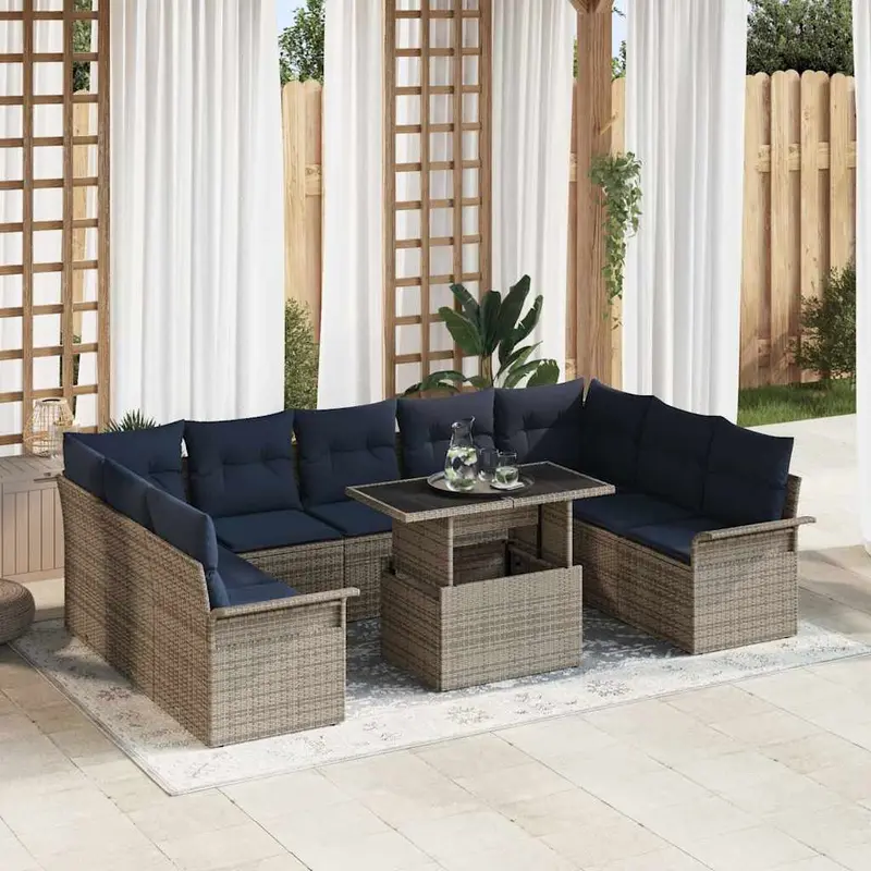 Conjunto de sofá de jardín con cojín 10 pcs Gris Poliratán