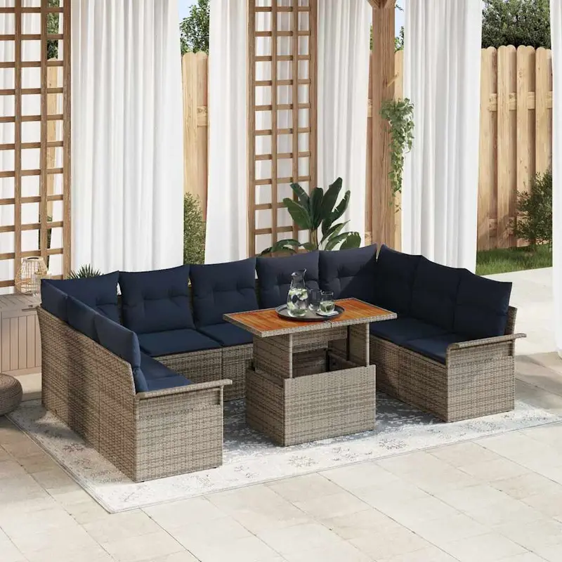 Conjunto de sofá de jardín con cojín 10 pcs gris y azul marino