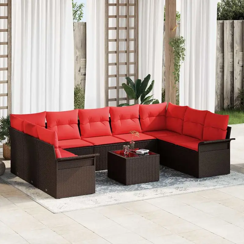 Conjunto de sofá de jardín con cojín 10 pcs Marrón Poliratán