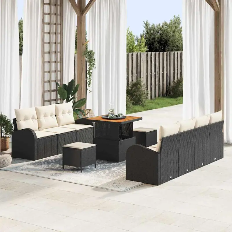 Conjunto de sofá de jardín con cojín 10 pcs Negro y crema