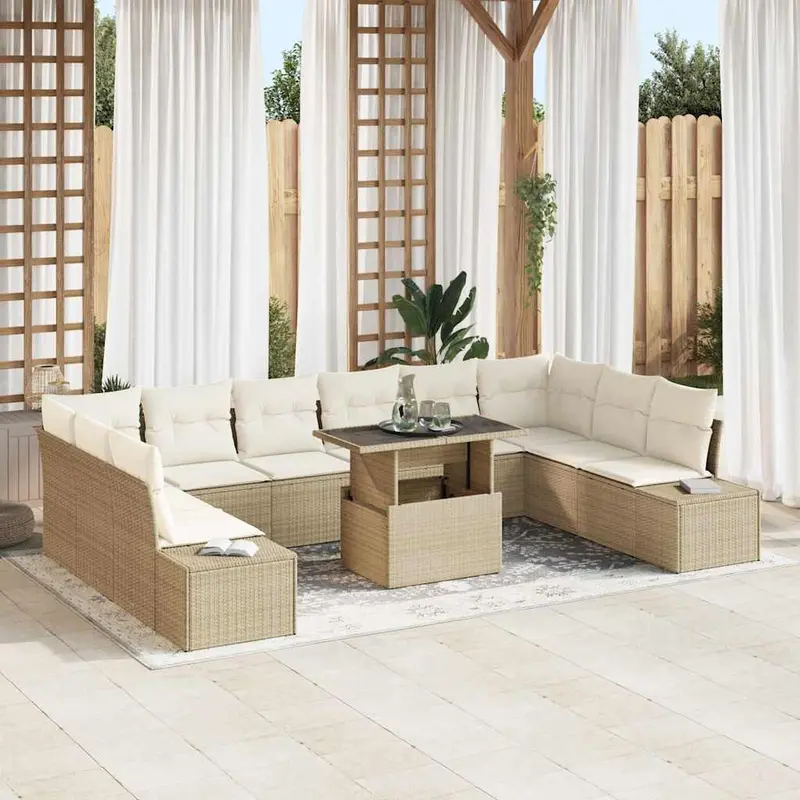 Conjunto de sofá de jardín con cojín 11 pcs beige y crema