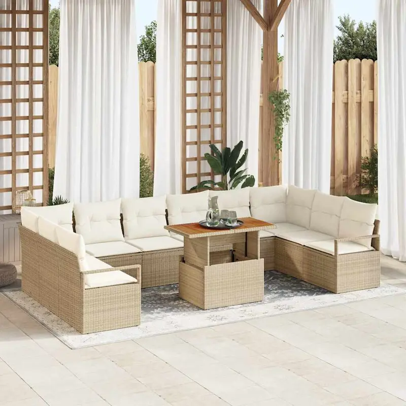 Conjunto de sofá de jardín con cojín 11 pcs Beige y Crema
