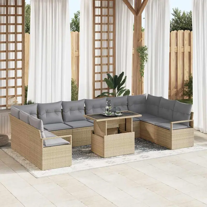 Conjunto de sofá de jardín con cojín 11 pcs Beige y Gris Claro