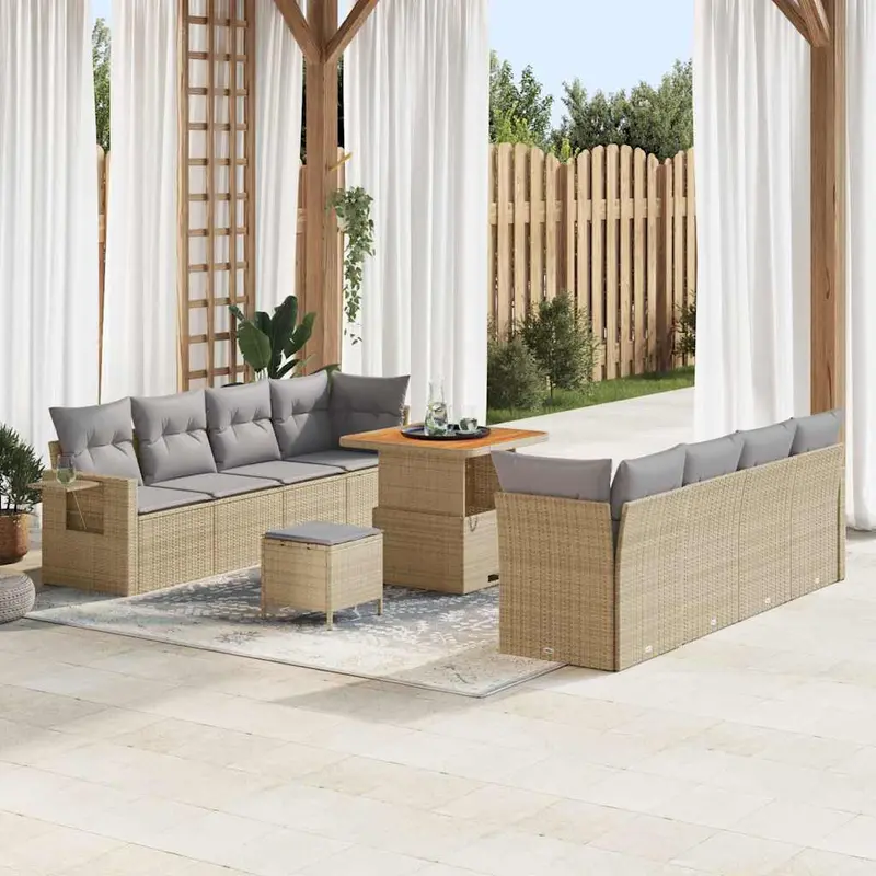 Conjunto de sofá de jardín con cojín 11 pcs Beige y Gris Claro