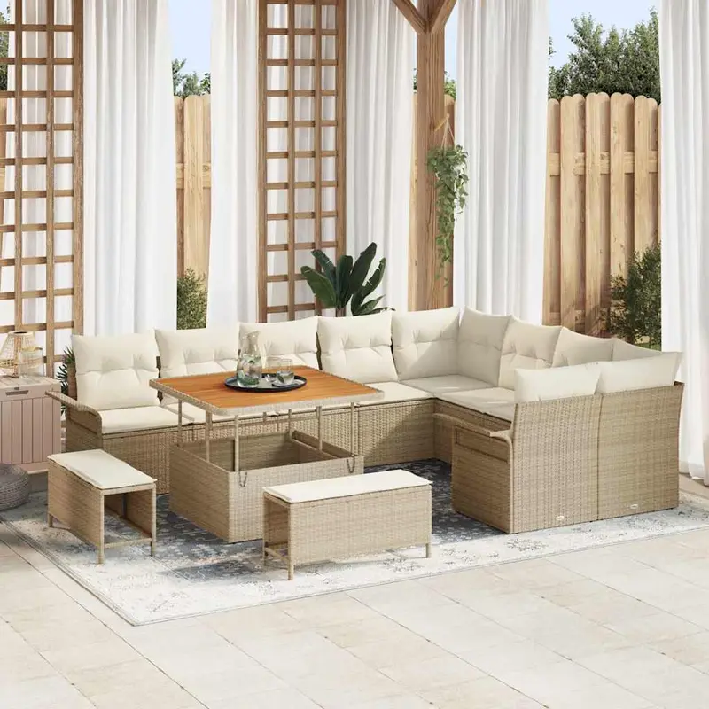 Conjunto de sofá de jardín con cojín 12 pcs Beige y Crema