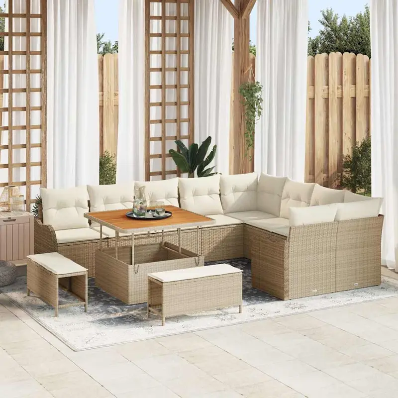 Conjunto de sofá de jardín con cojín 12 pcs Beige y Crema