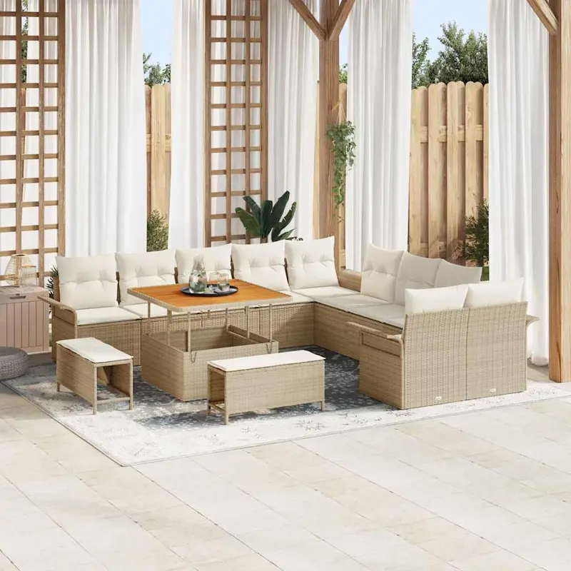 Conjunto de sofá de jardín con cojín 13 pcs Beige y Crema