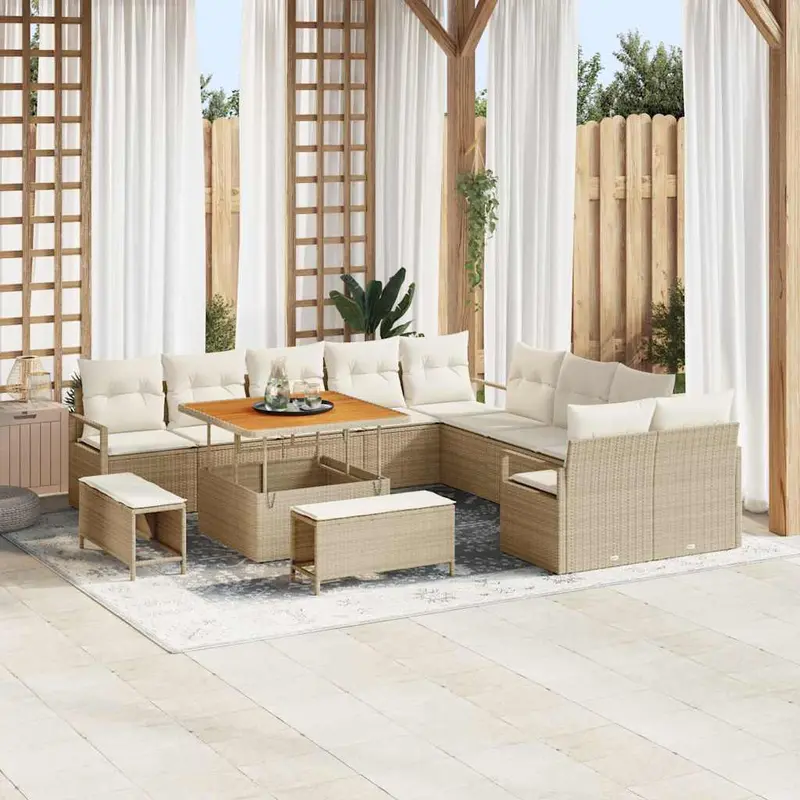 Conjunto de sofá de jardín con cojín 13 pcs Beige y Crema