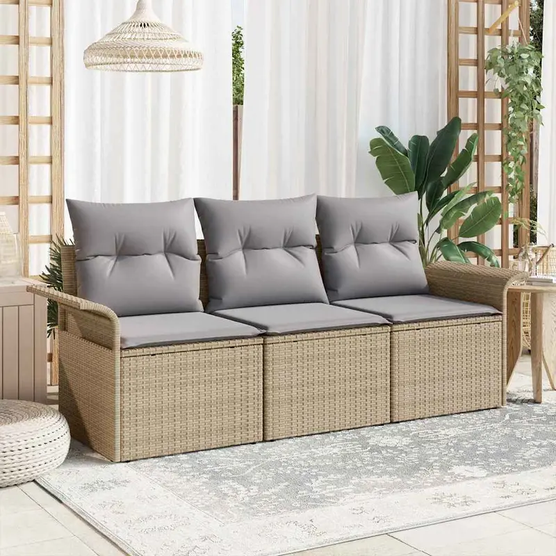 Conjunto de sofá de jardín con cojín 3 pcs Beige Poliratán