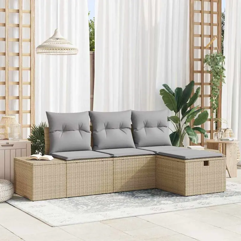 Conjunto de sofá de jardín con cojín 4 pcs Beige Poliratán