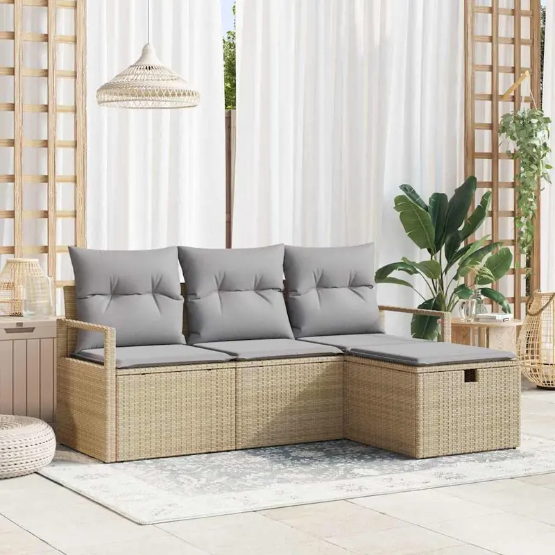 Conjunto de sofá de jardín con cojín 4 pcs Beige Poliratán