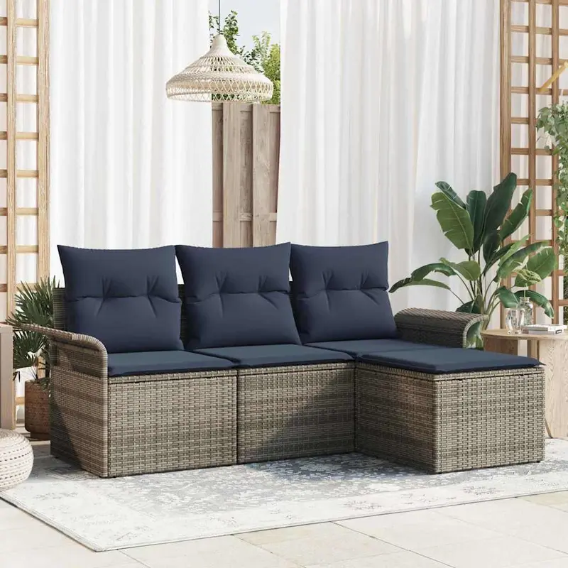Conjunto de sofá de jardín con cojín 4 pcs Gris ratán sintético
