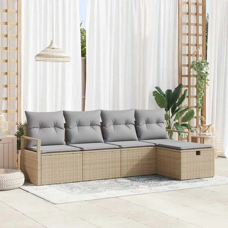 Conjunto de sofá de jardín con cojín 5 pcs Beige Poliratán
