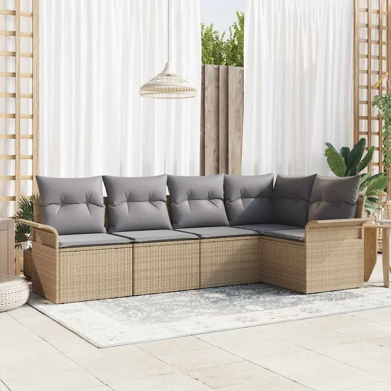 Conjunto de sofá de jardín con cojín 5 pcs Beige Poliratán