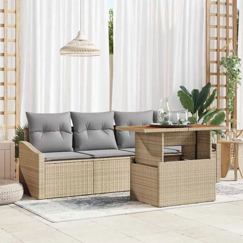 Conjunto de sofá de jardín con cojín 5 pcs Beige Poliratán