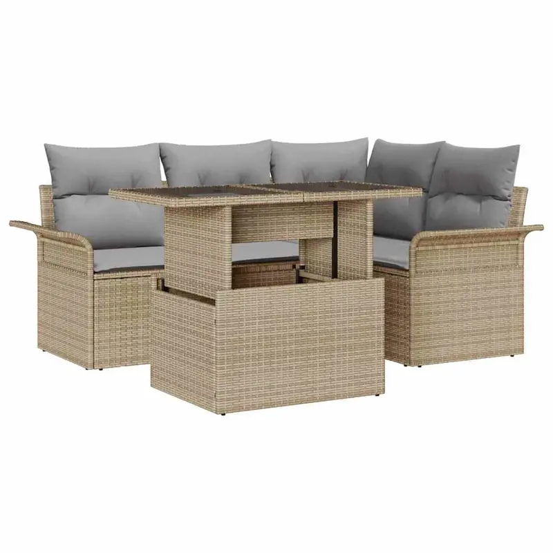 Conjunto de sofá de jardín con cojín 5 pcs Beige Poliratán