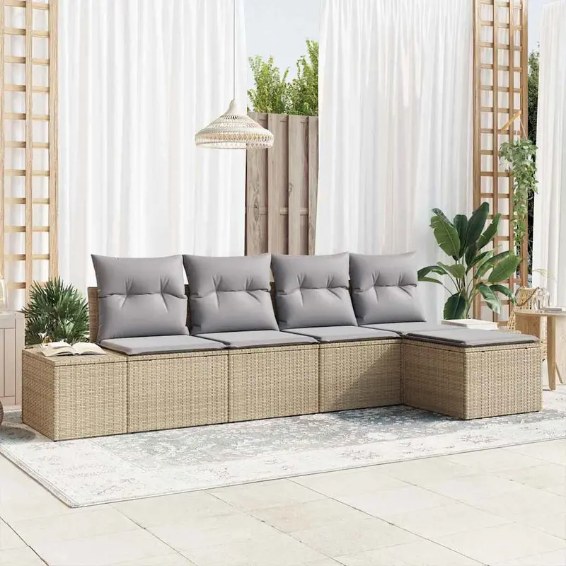 Conjunto de sofá de jardín con cojín 5 pcs Beige y Gris Claro