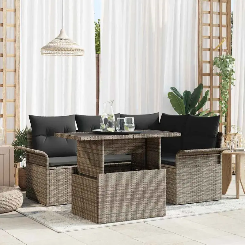 Conjunto de sofá de jardín con cojín 5 pcs Gris Poliratán