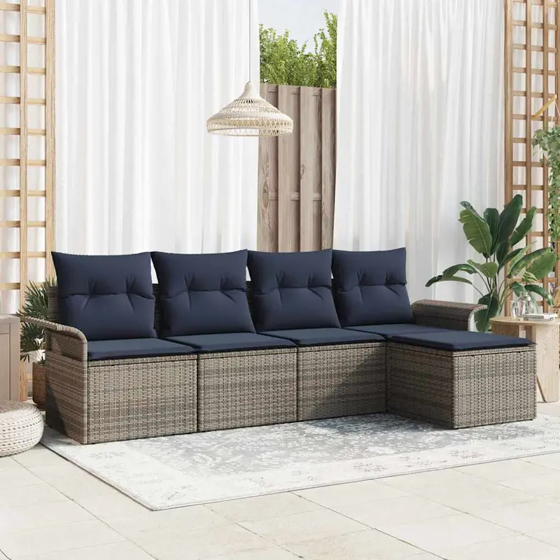 Conjunto de sofá de jardín con cojín 5 pcs Gris ratán sintético