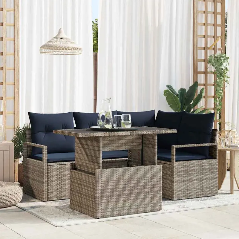 Conjunto de sofá de jardín con cojín 5 pcs Gris y azul marino