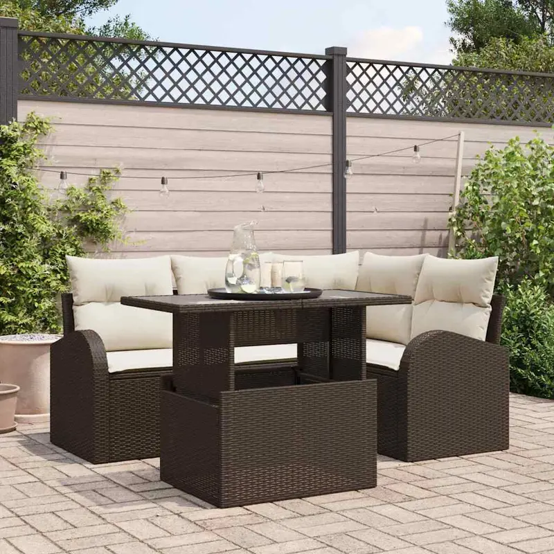 Conjunto de sofá de jardín con cojín 5 pcs Marrón Poliratán