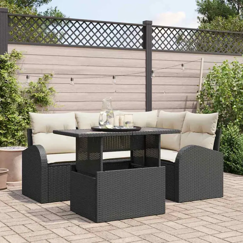 Conjunto de sofá de jardín con cojín 5 pcs Negro Poliratán
