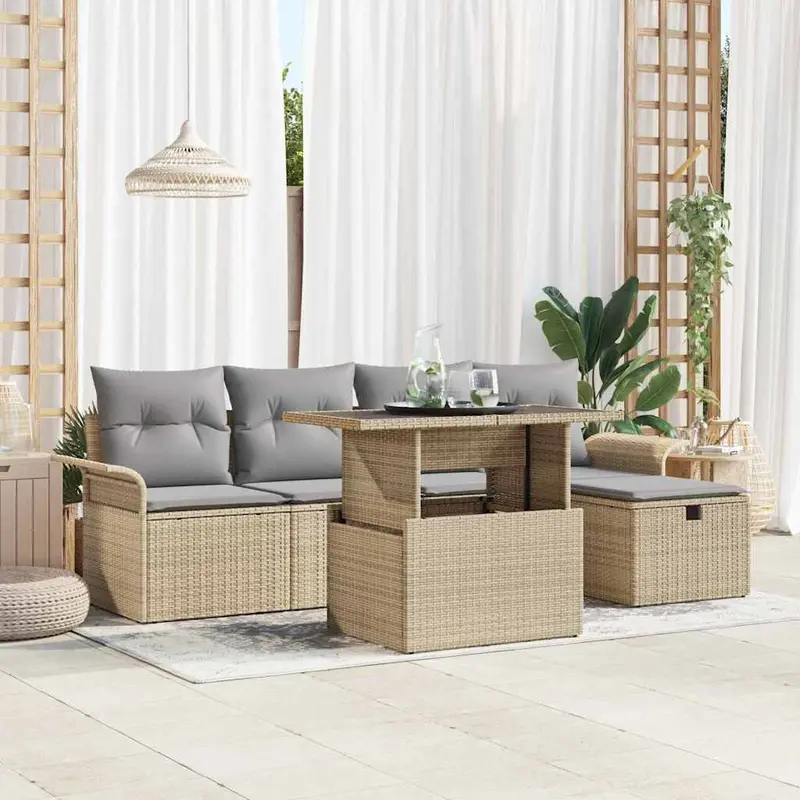 Conjunto de sofá de jardín con cojín 6 pcs Beige Poliratán