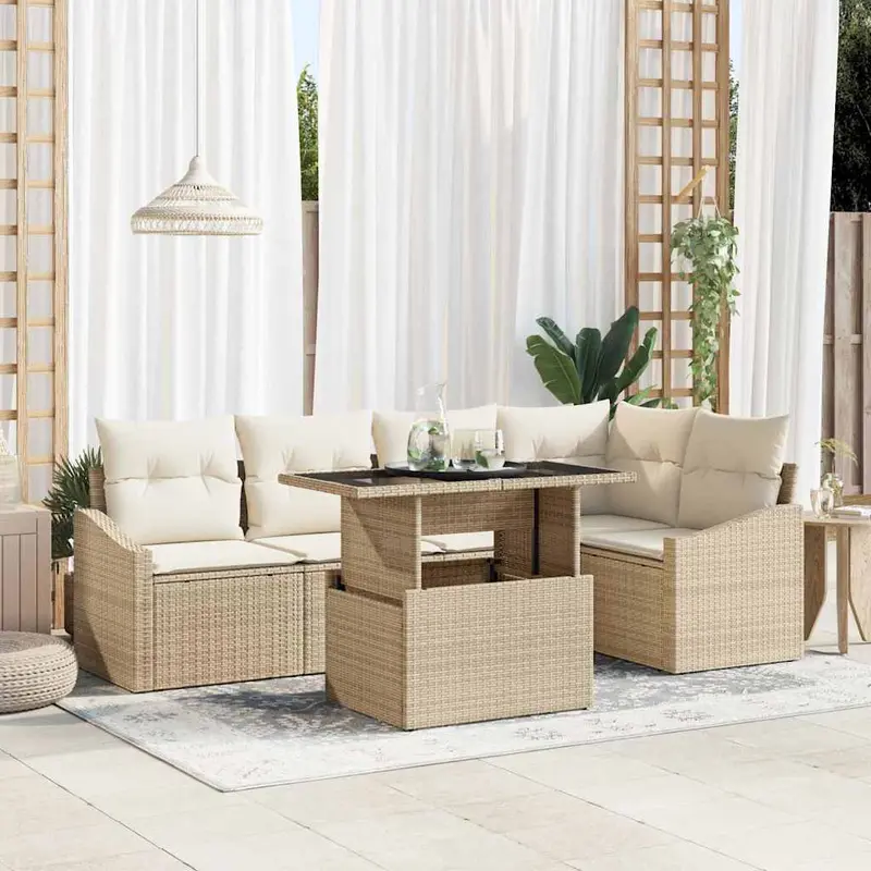 Conjunto de sofá de jardín con cojín 6 pcs Beige y Crema