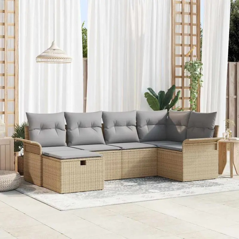 Conjunto de sofá de jardín con cojín 6 pcs Beige y Gris Claro