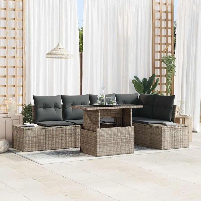 Conjunto de sofá de jardín con cojín 6 pcs Gris Poliratán