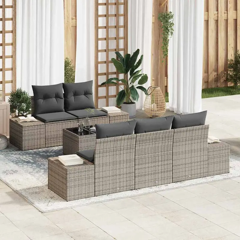 Conjunto de sofá de jardín con cojín 6 pcs Gris ratán sintético