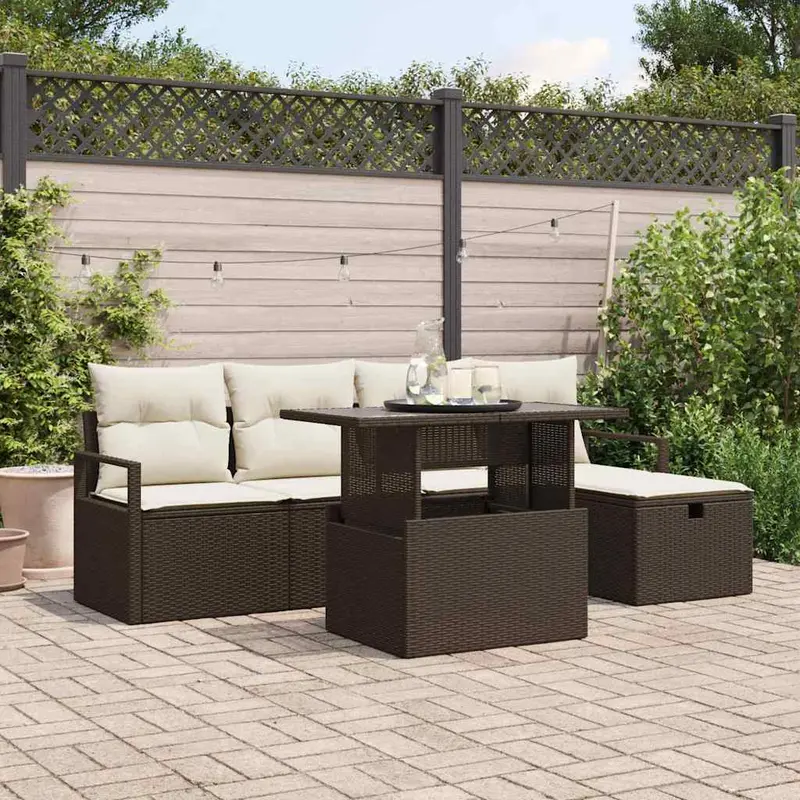 Conjunto de sofá de jardín con cojín 6 pcs Marrón Poliratán