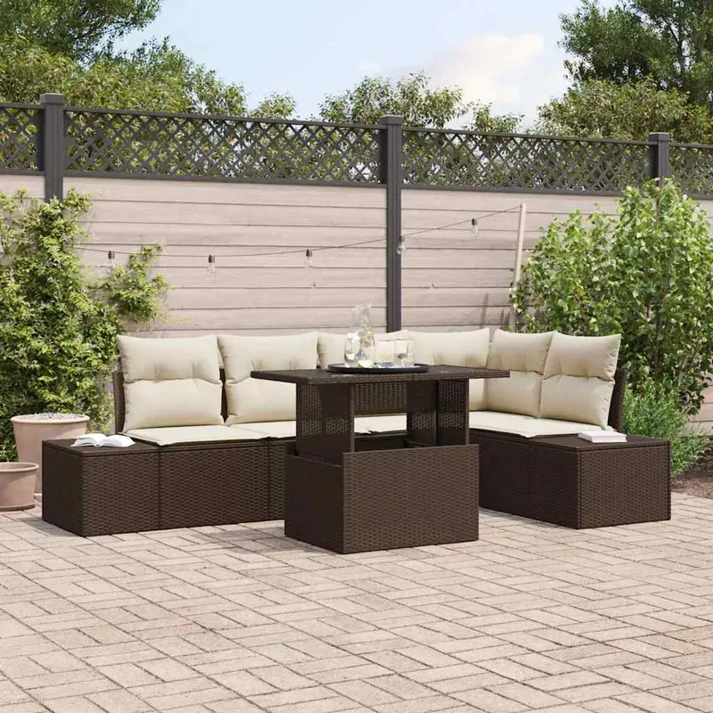 Conjunto de sofá de jardín con cojín 6 pcs Marrón Poliratán