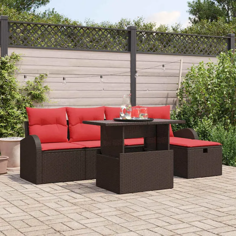 Conjunto de sofá de jardín con cojín 6 pcs Marrón Poliratán