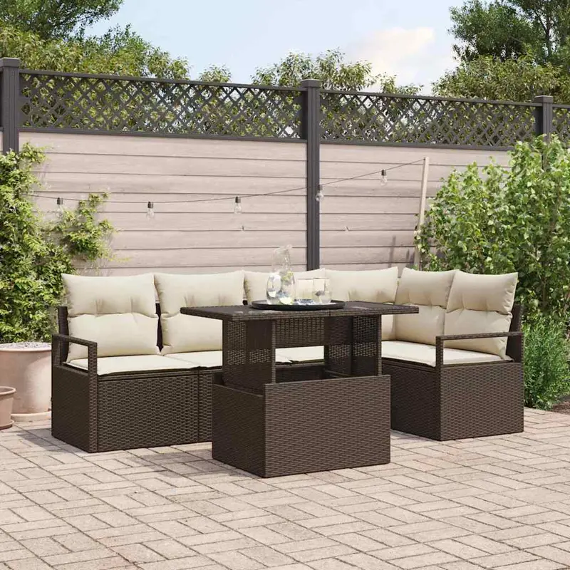 Conjunto de sofá de jardín con cojín 6 pcs Marrón Poliratán