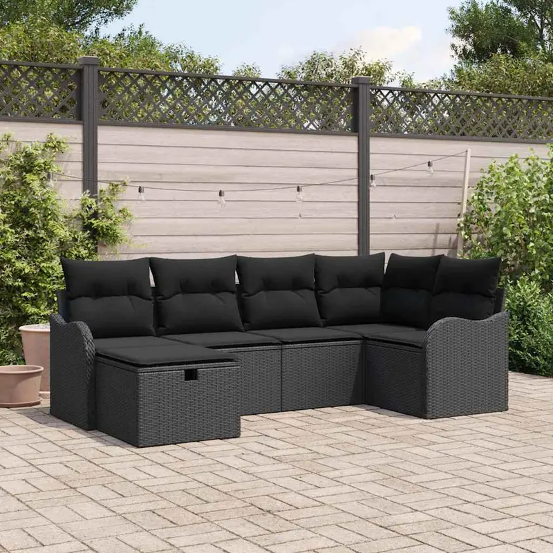 Conjunto de sofá de jardín con cojín 6 pcs Negro Poliratán