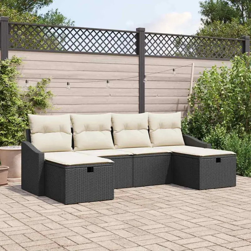 Conjunto de sofá de jardín con cojín 6 pcs Negro Poliratán