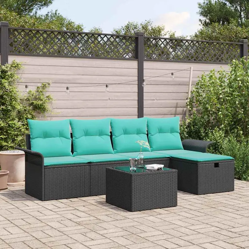 Conjunto de sofá de jardín con cojín 6 pcs Negro y Turquesa