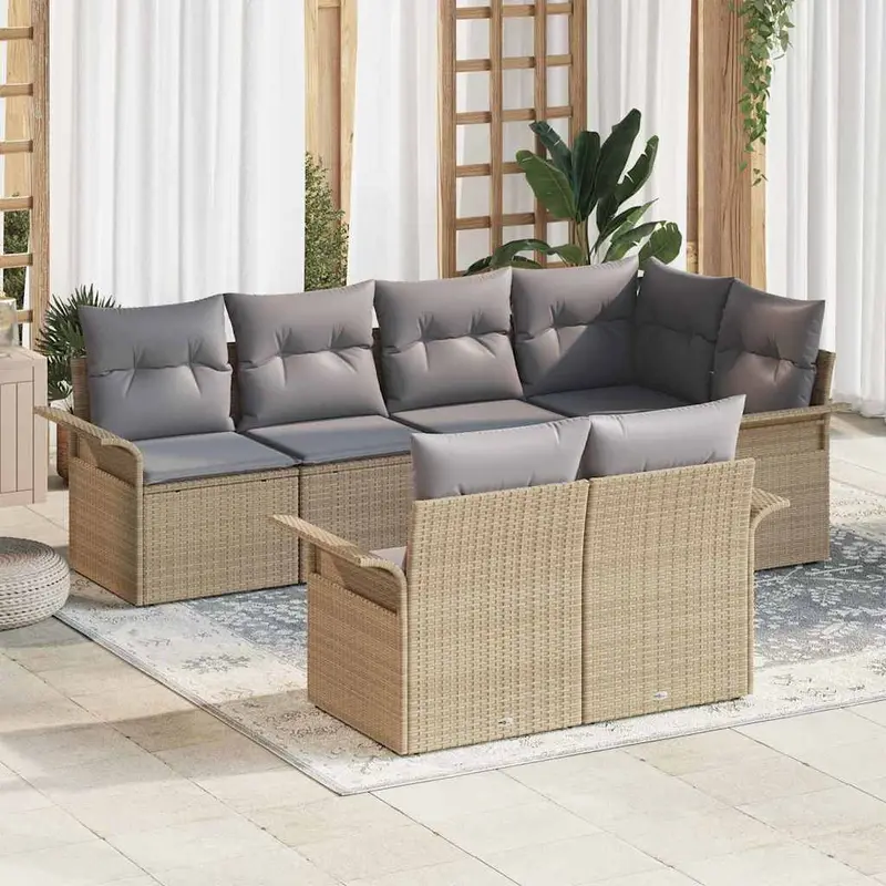 Conjunto de sofá de jardín con cojín 7 pcs Beige Poliratán